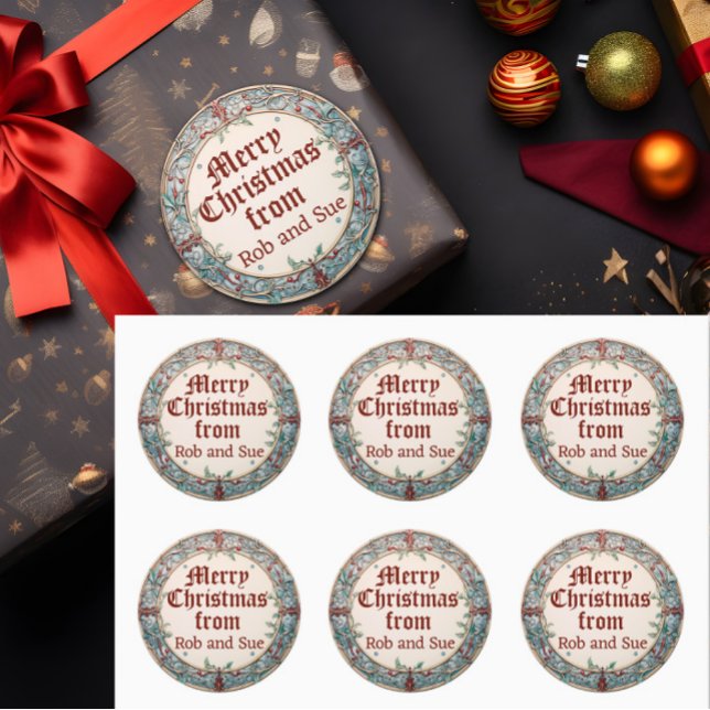 Pegatina Redonda Wreath navidades (A Christmas wreath gift label is shown attached to a gift and in a sheet of six.)
