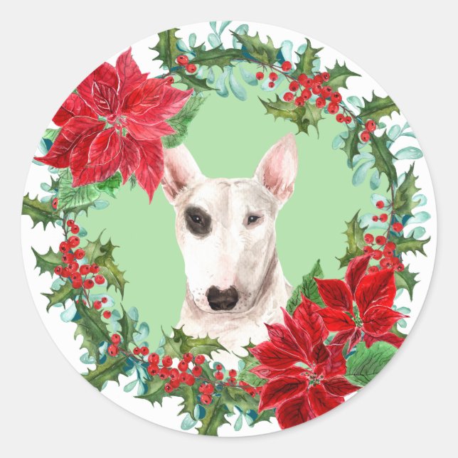 Pegatina Redonda Wreath Navidades de Bull Terrier Poinsettia Holly (Anverso)