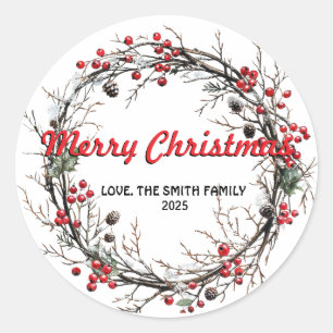 Pegatina Redonda Wreath, Navidades de nieve