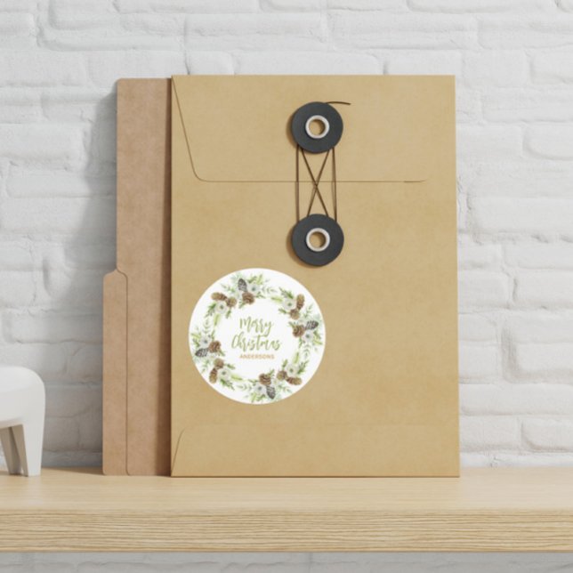 Pegatina Redonda Wreath, Navidades de Pines Florales Verdes (Subido por el creador)