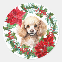 Pegatina Redonda Wreath Navidades de Poodle Dog Poinsettia Holly