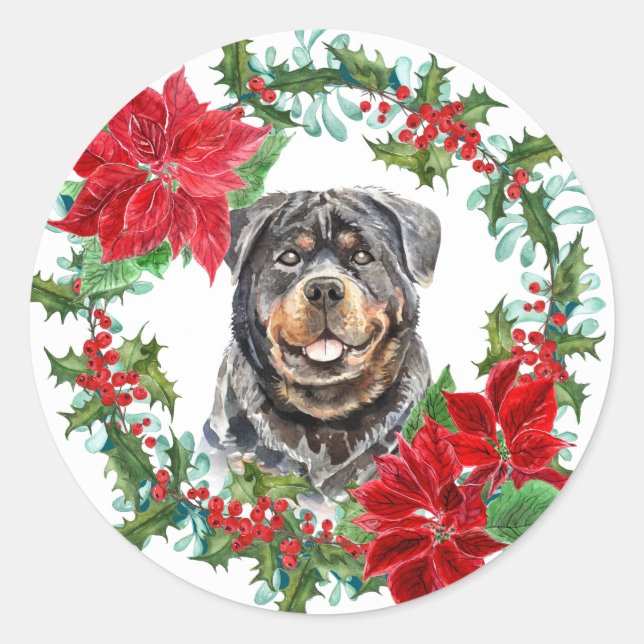 Pegatina Redonda Wreath Navidades de Rottweiler Poinsettia Holly Be (Anverso)