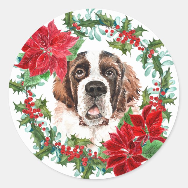 Pegatina Redonda Wreath Navidades de St Bernard Poinsettia Holly (Anverso)