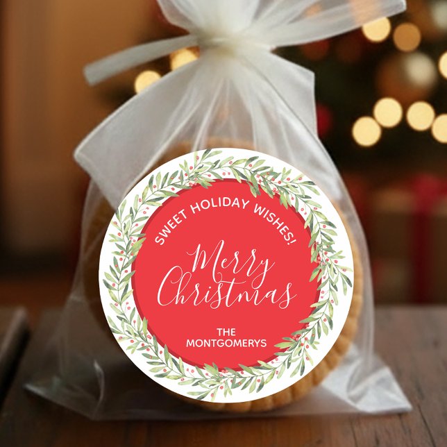 Pegatina Redonda Wreath Navidades de vacaciones caseras (Greenery and berries wreath Merry Christmas homemade holiday baking red stickers)
