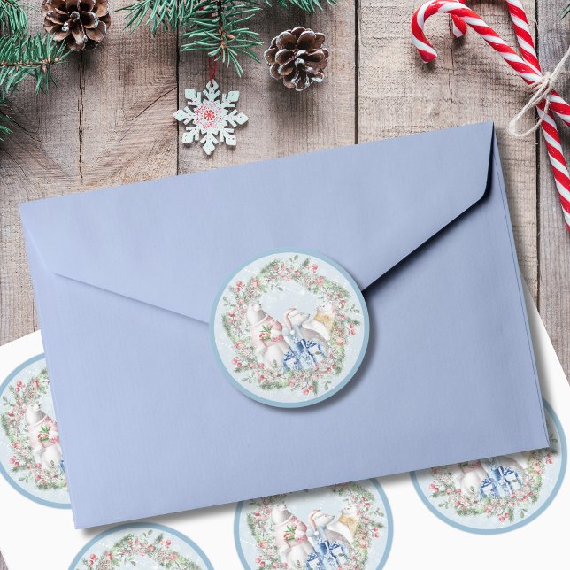 Pegatina Redonda Wreath, Navidades del trío de oso polar (Subido por el creador)