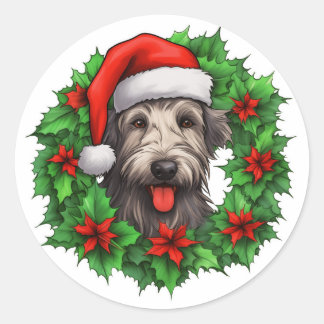 Pegatina Redonda Wreath, Navidades irlandeses de Wolfhound