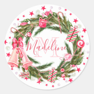 Pegatina Redonda Wreath Navidades monogramas