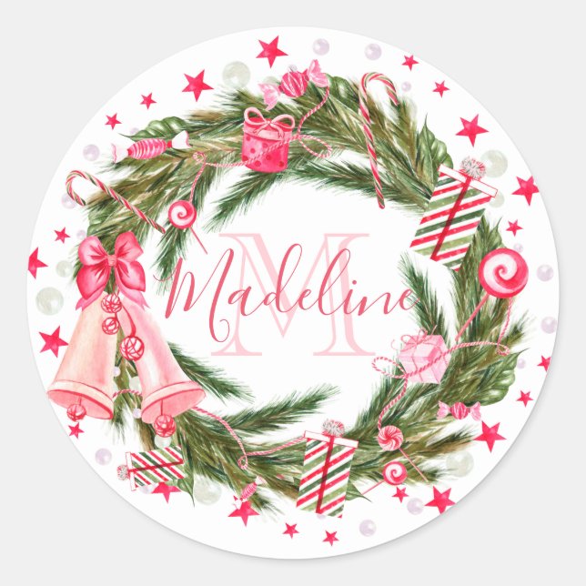 Pegatina Redonda Wreath Navidades monogramas (Anverso)
