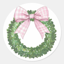Pegatina Redonda Wreath perrito con rosado Gingham Bow