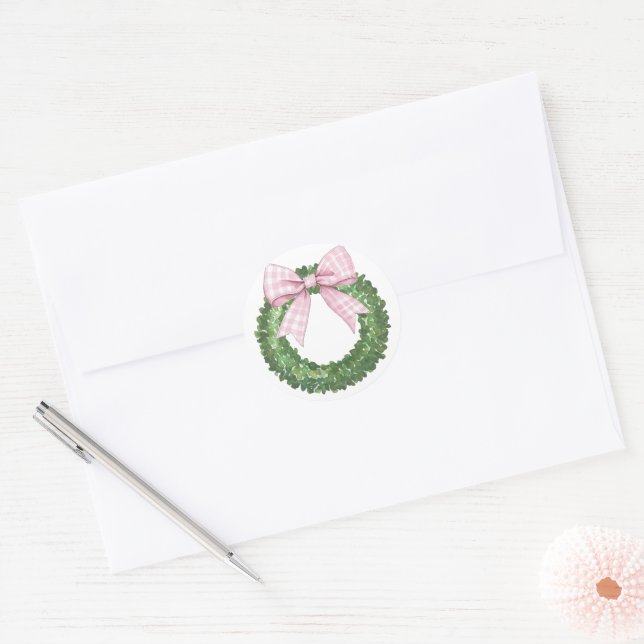 Pegatina Redonda Wreath perrito con rosado Gingham Bow (Sobre)