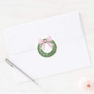 Pegatina Redonda Wreath perrito con rosado Gingham Bow