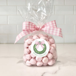 Pegatina Redonda Wreath perrito con rosado Gingham Bow