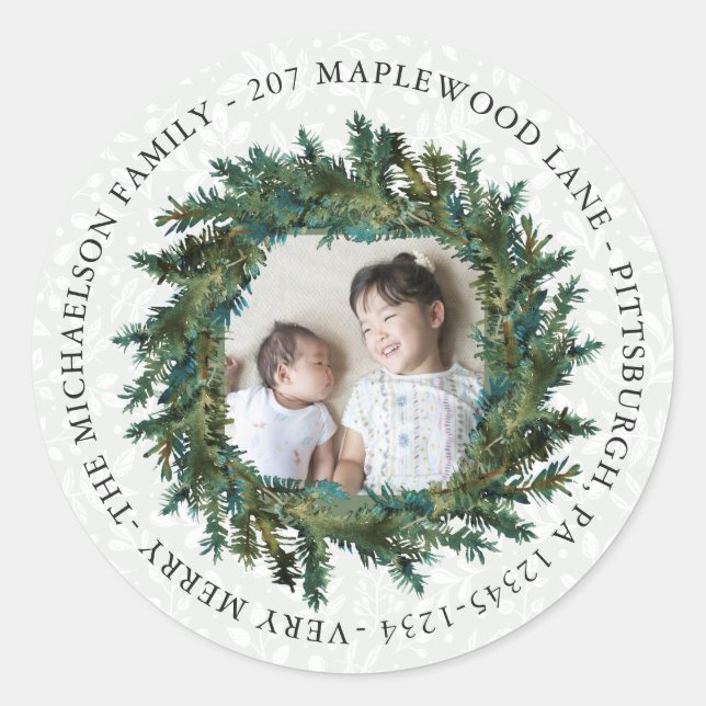 Pegatina Redonda Wreath rústica con dirección de foto y retorno (Anverso)