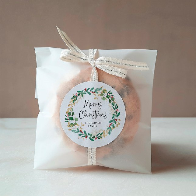 Pegatina Redonda Wreath y guión modernos | Feliz Navidad (Subido por el creador)