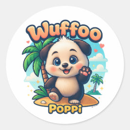 Pegatina Redonda Wuffoo Poppi Cute Kawaii Puppy Tropical Island