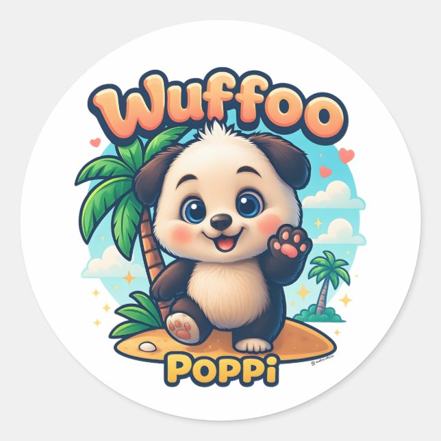 Pegatina Redonda Wuffoo Poppi Cute Kawaii Puppy Tropical Island (Anverso)