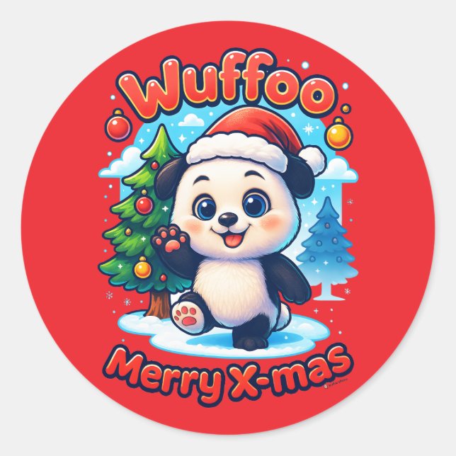 Pegatina Redonda Wuffoo Poppi Merry X-mas Kawaii 3D Holiday (Anverso)