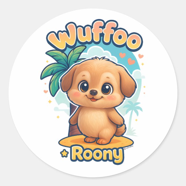 Pegatina Redonda Wuffoo Roony Cute Kawaii Puppy Tropical stickers (Anverso)