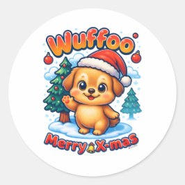 Pegatina Redonda Wuffoo Roony Feliz Navidad Kawaii 3D Fiesta