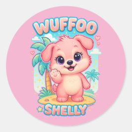 Pegatina Redonda Wuffoo Shelly Kawaii Cachorro Isla Tropical