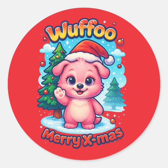 Pegatina Redonda Wuffoo Shelly Merry X-mas Kawaii 3D Holiday (Anverso)