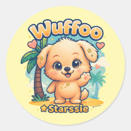 Pegatina Redonda Wuffoo Starssie Kawaii Cachorro Isla Tropical