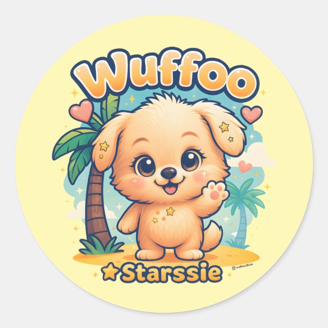 Pegatina Redonda Wuffoo Starssie Kawaii Puppy Tropical Island (Anverso)