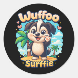 Pegatina Redonda Wuffoo Surffie Cute Kawaii Puppy Tropical Island