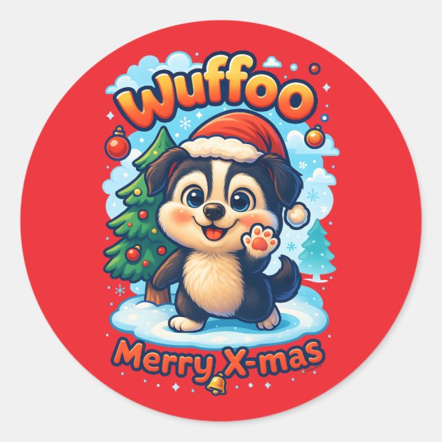 Pegatina Redonda Wuffoo Surffie Merry X-mas Kawaii 3D Holiday (Anverso)