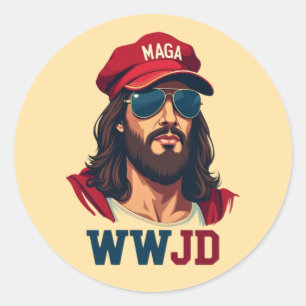 Pegatina Redonda WWJD - Jesús republicano en Gorra MAGA