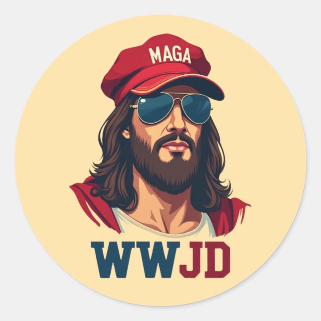 Pegatina Redonda WWJD - Jesús republicano en Gorra MAGA (Anverso)