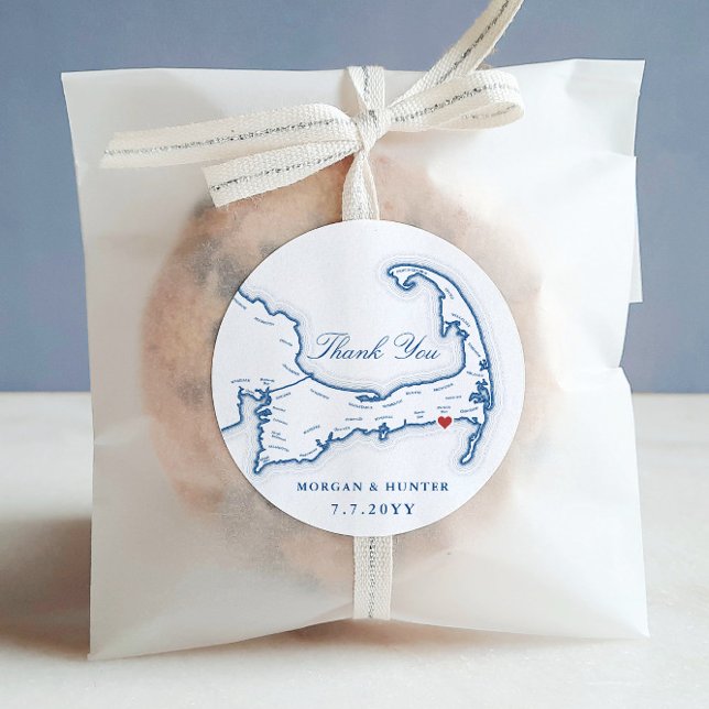 Pegatina Redonda Wychmere Cape Cod Map Gracias Favor De La Boda (Wychmere Beach Club "Thank You" wedding favor label)