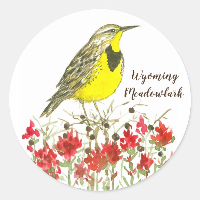 Pegatina Redonda Wyoming Meadowlark Songbird Wildflowers (Anverso)