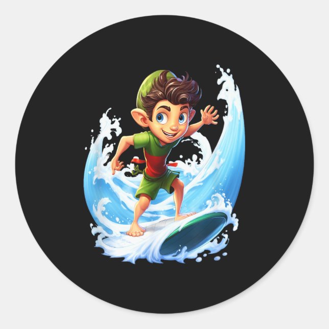 Pegatina Redonda X-mas Christmas Elf Riding Surfboard Surfboard  (Anverso)