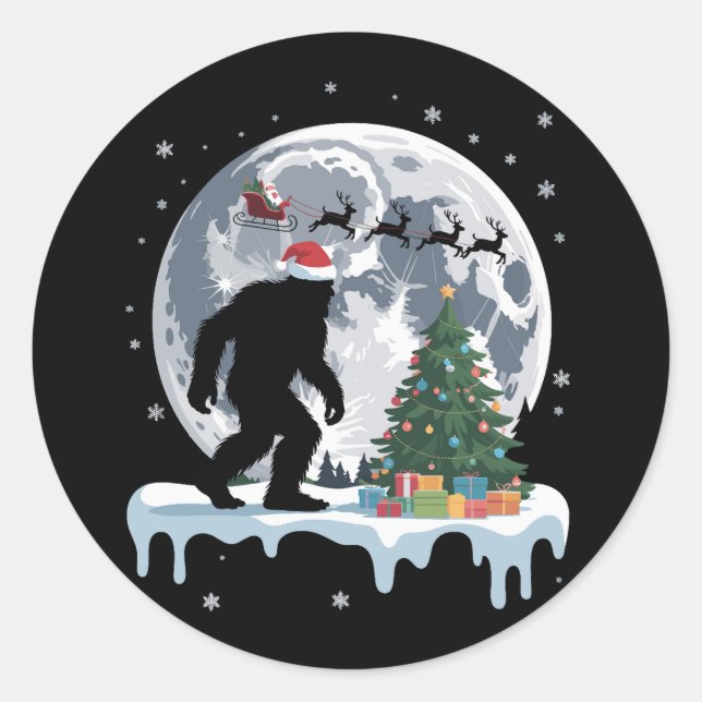 Pegatina Redonda Xmas Bigfoot Santa Tree Sleigh Moon Reindeer Snow (Anverso)