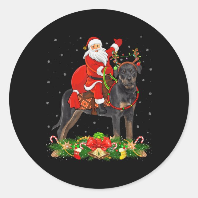 Pegatina Redonda Xmas Decor Funny Santa Riding Rottweiler Dog Chris (Anverso)