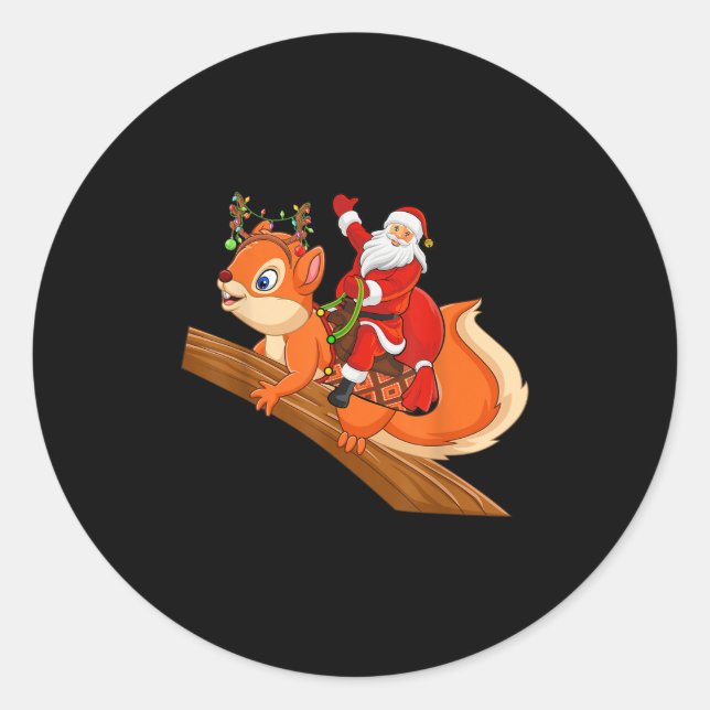 Pegatina Redonda Xmas Family Matching Funny Santa Riding Squirrel C (Anverso)