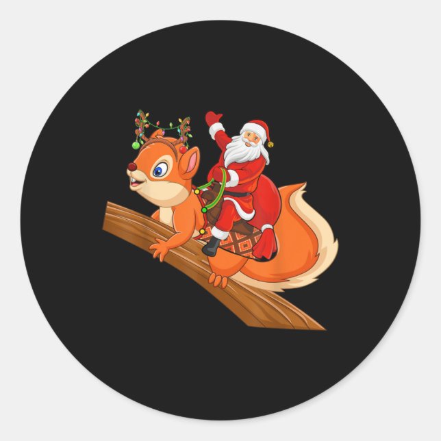 Pegatina Redonda Xmas Family Matching Funny Santa Riding Squirrel C (Anverso)