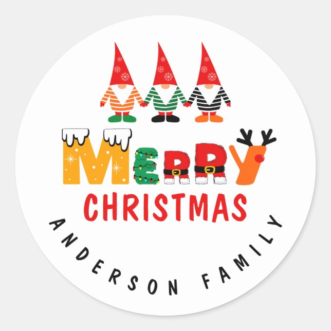 Pegatina Redonda Xmas Gnomes Whimsical Fonds Feliz Navidad (Anverso)