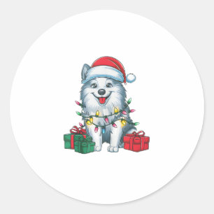 Pegatina Redonda Xmas Iluminando Santa Hat American Eskimo Dog Chri