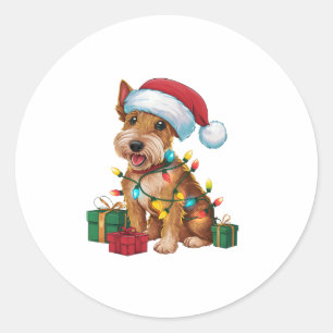 Pegatina Redonda Xmas iluminando Santa Hat Irish Terrier Dog Christ