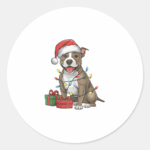 Pegatina Redonda Xmas Iluminando Santa Hat Pitbull Terrier Perro Cr