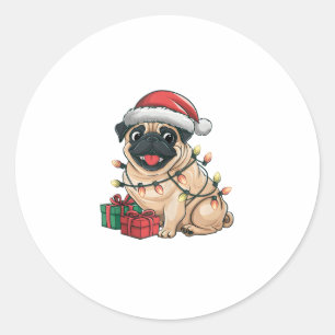 Pegatina Redonda Xmas Iluminando Santa Hat Pug Perros Navidades _2