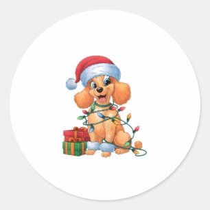 Pegatina Redonda Xmas Iluminando Santa Hat Toy Poodle Navidades de 