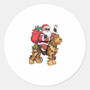 Pegatina Redonda Xmas Iluminando Santa Riding Airedale Terrier Dog