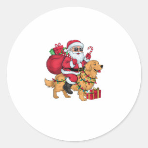Pegatina Redonda Xmas Iluminando Santa Riding Golden Retriever Dog