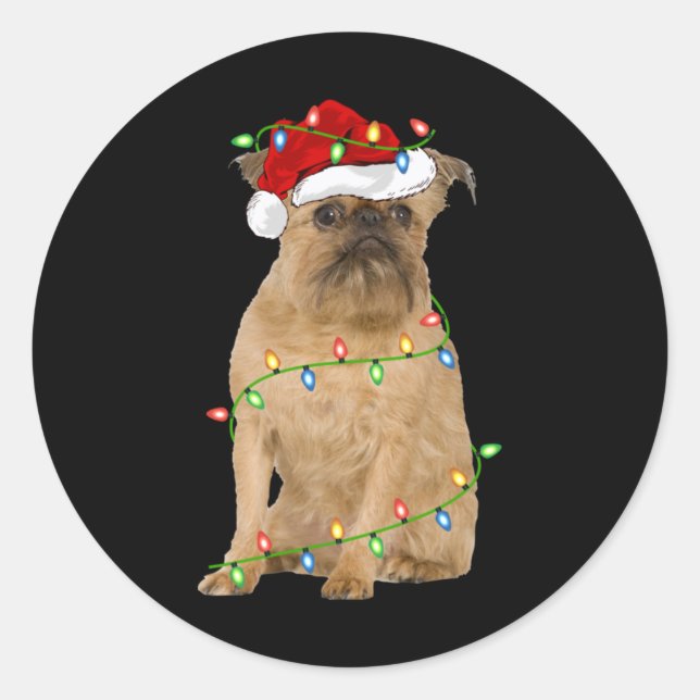 Pegatina Redonda Xmas Lights Santa Hat Brussels Griffon Dog Christm (Anverso)