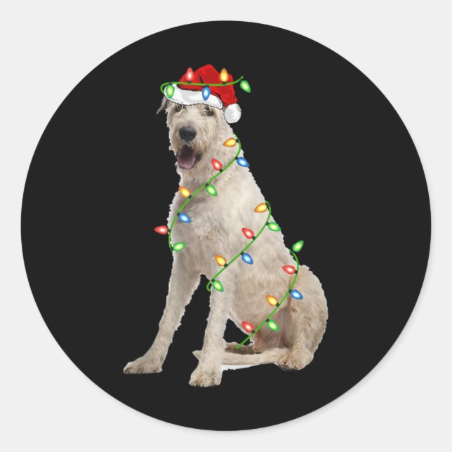 Pegatina Redonda Xmas Lights Santa Hat Irish Wolfhound Dog Christma (Anverso)