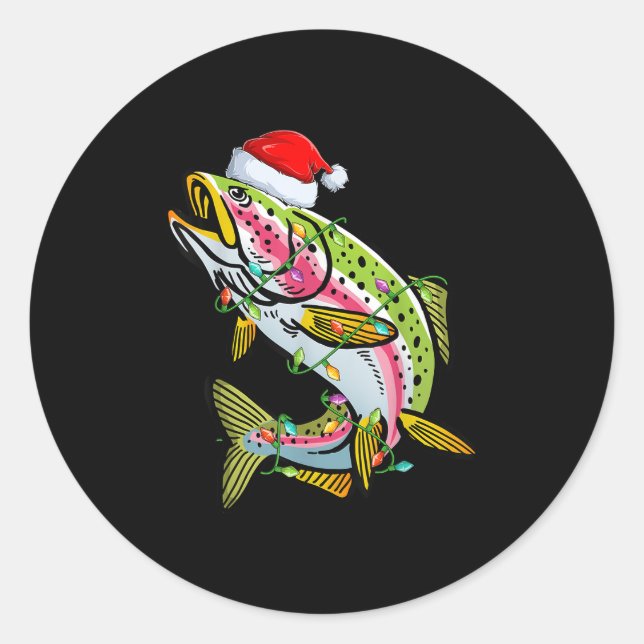Pegatina Redonda Xmas Lights Santa Hat Rainbow Trout Fish Christmas (Anverso)