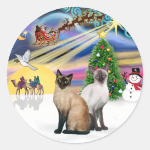 Pegatina Redonda Xmas Magic (R) - Dos gatos siameses